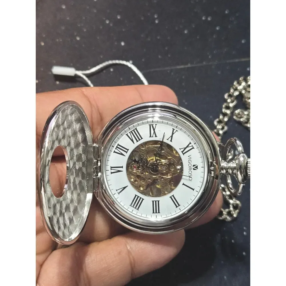 VIGOROSO Mechanical Skeleton Pocket Watch Silver Roman Numeral Chain New